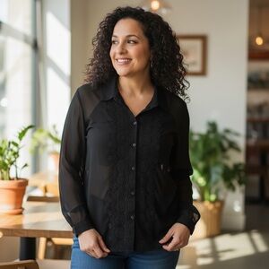 LC Lauren Conrad Sheer Black Lace Button Down Shirt